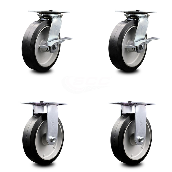 8 Inch Rubber on Aluminum Caster Set with Roller Bearing 2 Brakes and 2 Rigid
